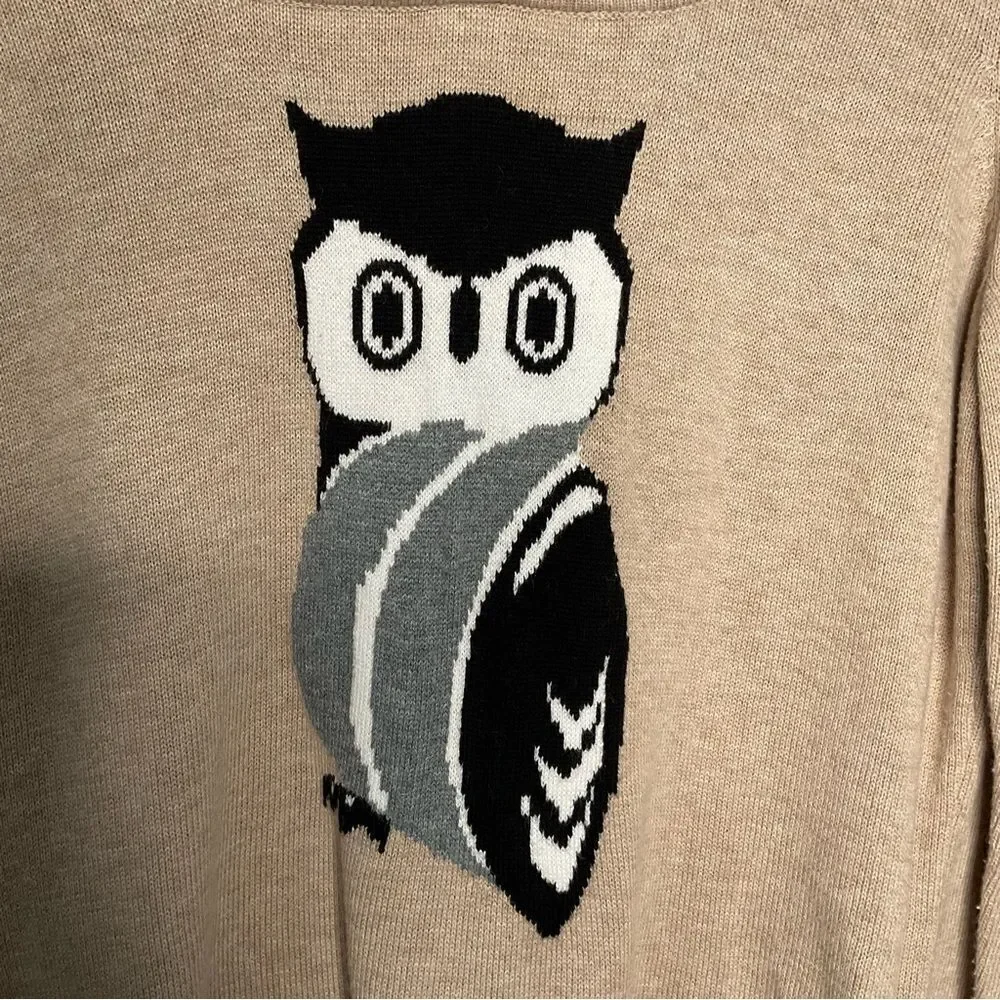 Notations Womens Sweater Faux Collar‎ Cuff Knit Owl Print Top